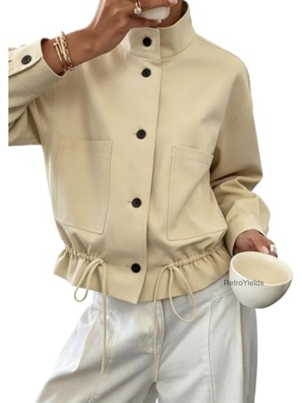 Women's Funnel Neck Cropped Jacket Ruffle Hem Casual Coat Polyester